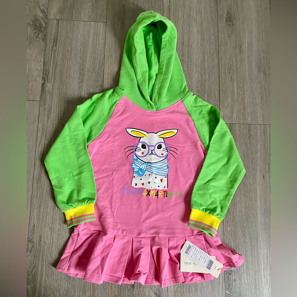 Colorful Girls Hoodie Dress with Bunny Print Cotton Pleated Skirt - US size 8